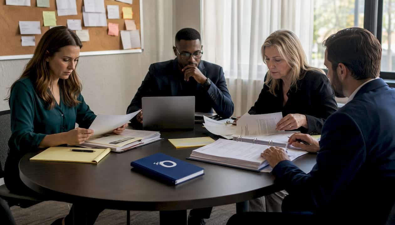Investigators reviewing character reference files in an office