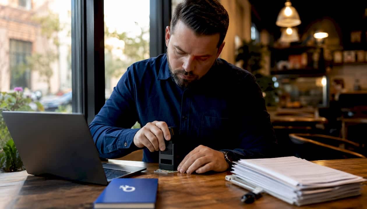 Hands operating fingerprint scanner and documents