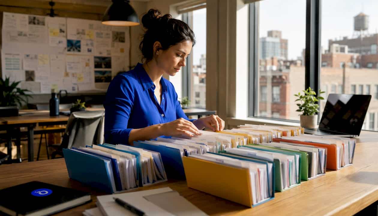 Hands organizing employee compliance folders