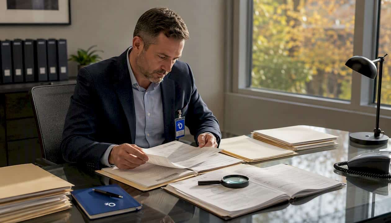 Investigator reviewing case files at desk