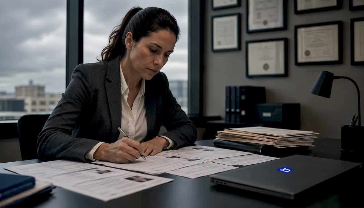 Investigator reviewing public safety background files