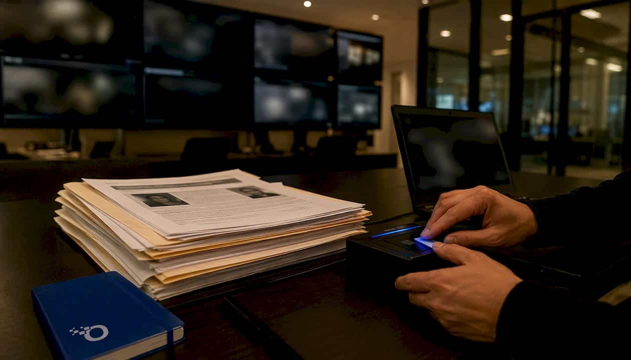 Hands operating devices amid background check reports
