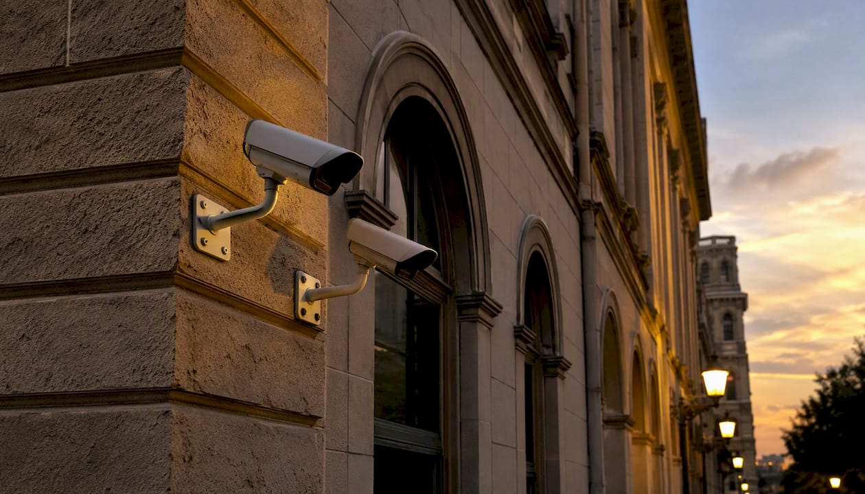 Close-up of CCTV cameras on municipal building