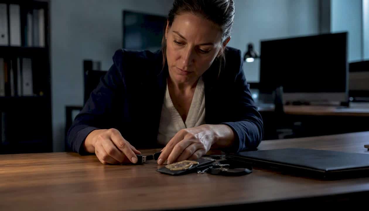 Investigator hands handling risk data and badge
