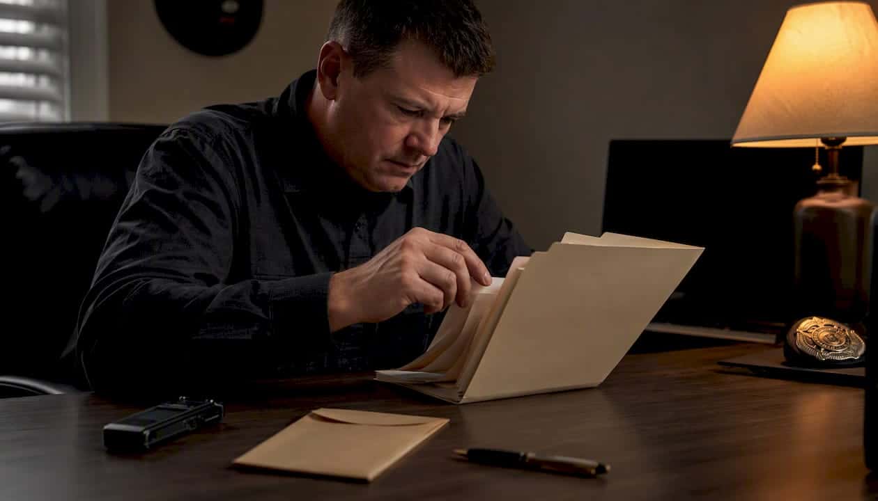 Investigator reviewing case folder for risk assessment