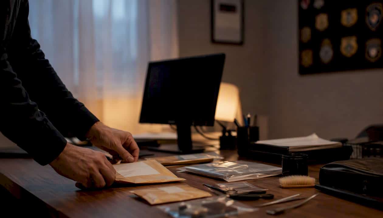 Investigator reviewing evidence envelopes in office