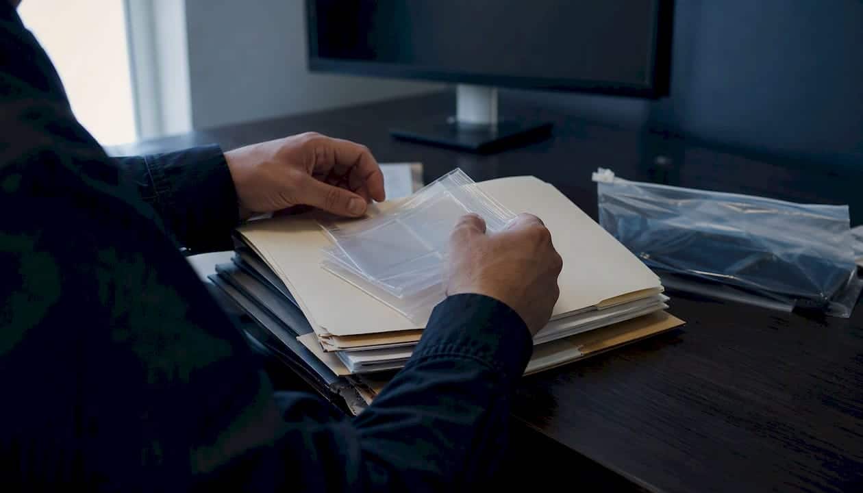 Investigator hands sorting case files