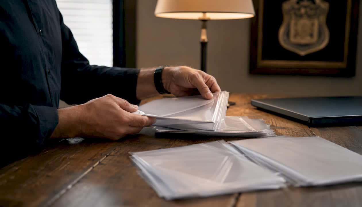 Hands organizing background screening documents