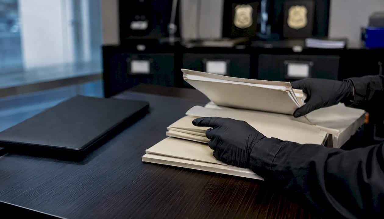 Investigator handling secure data device at office desk