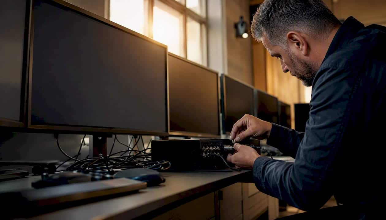Hands testing secure monitoring equipment in control room