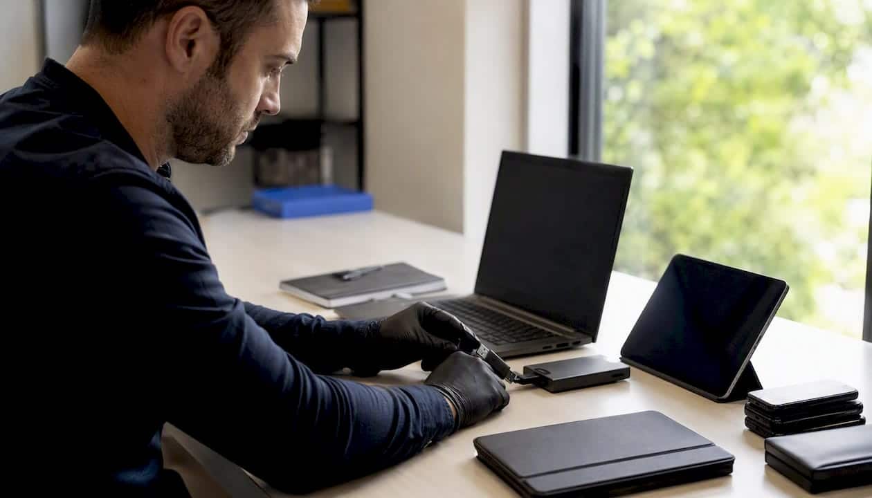 Investigator connecting security token on desk