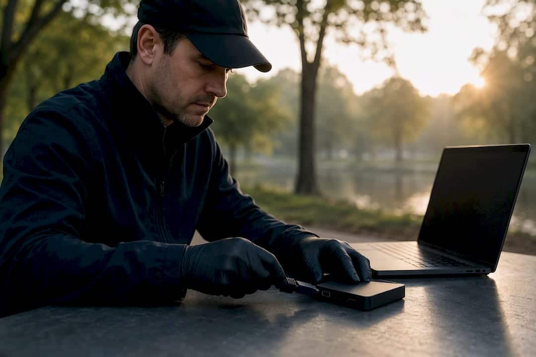 Investigator attaching secure token in office