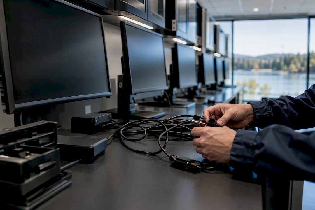 Investigator wiring secure devices in data analysis room