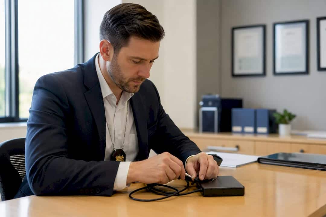 Investigator wiring security token at desk