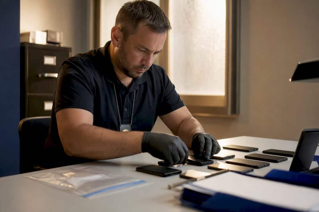 Hands organizing secure digital storage devices in office