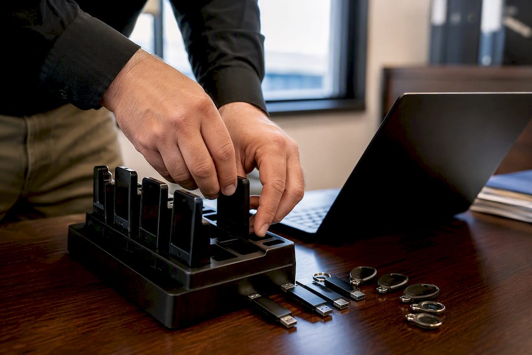 Investigator setting up secure ID verification devices