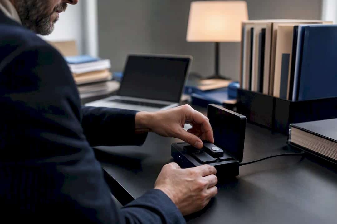 Investigator hands handling identity verification device