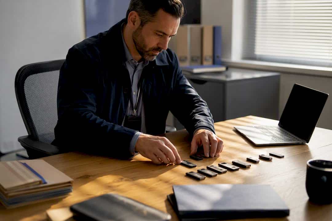 Investigator handling secure data tokens on desk