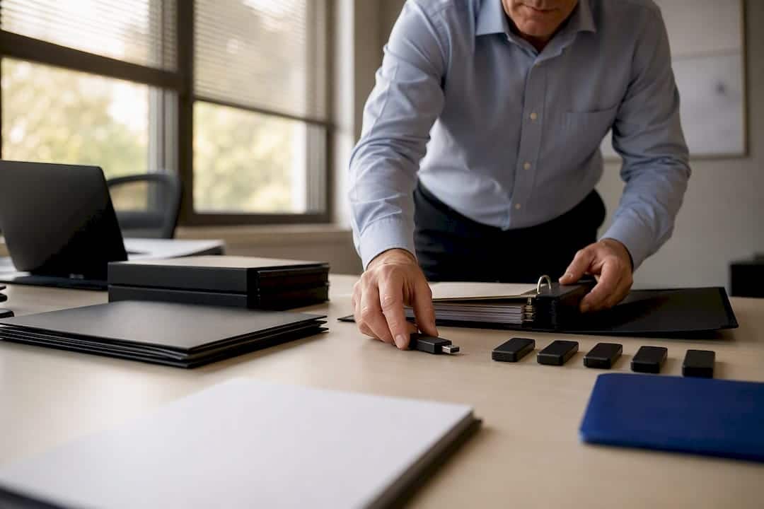 Investigator organizing audit binder and evidence