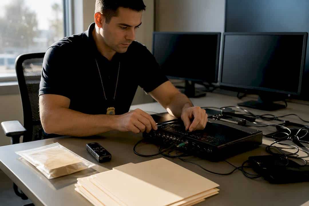 Investigator wiring polygraph device for police psych exam