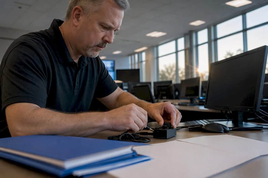 Investigator hands configuring secure screening device