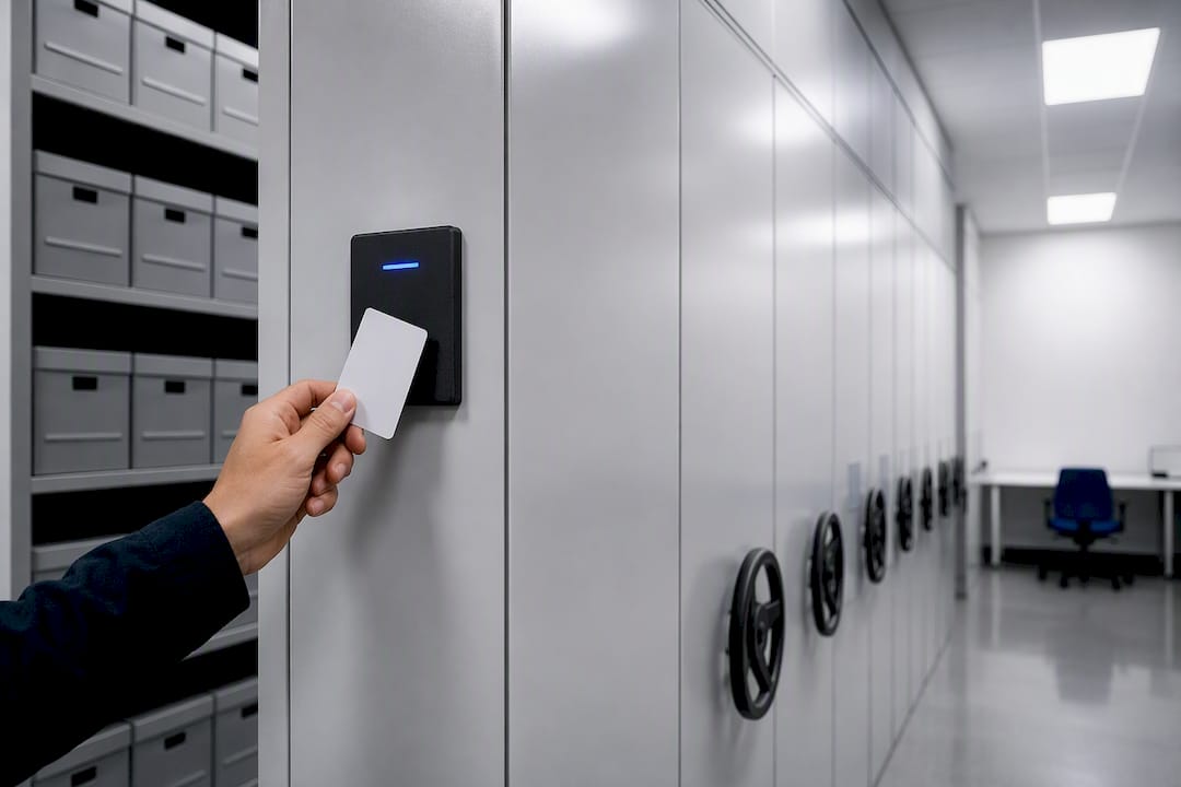 Hand holding access token at secure storage panel